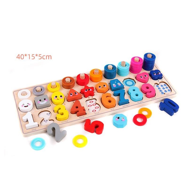 Puzzle din lemn Montessori Malplay cu cifre, forme si alte accesorii